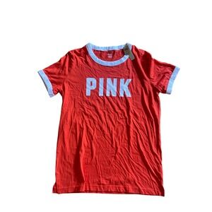 Victoria's Secret Pink NWT Ringer Tee T Shirt Orange White Logo Graphic Size M